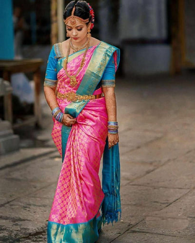 Marvellous Pink Soft Banarasi Silk Saree With Unique Blouse Piece